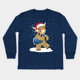 Scottish Highland Cow Piper Plays Bagpipes In Christmas Snow Kids Long Sleeve T-Shirt